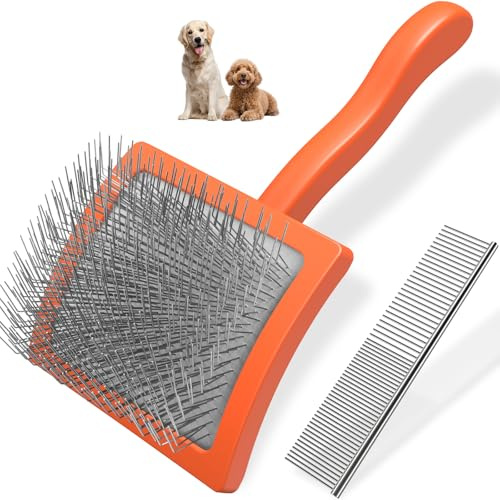 2PCS Slicker Brush for Dogs & Pet Comb,Professional Dog Grooming Brush (Goldendoodles,Poodles,Labradoodles) with Extra Long Pins to Effectively Remove Tangles, Knots and Mats (Orange, Large)