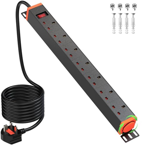 7 Way Extension Lead Power Strip with Surge Protector, PDU Extension Lead 19 inch - 13A Multi Plug Switched Power Distribution Unit (PDU) Rack Mount Power Strip with Metal Housing, 1.8M Cable, Black
