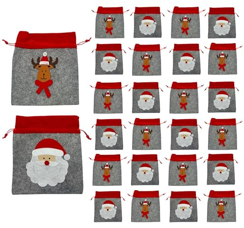 Weihnachts-Filzbeutel 24er Set – Geschenkbeutel mit Rentier & Nikolaus Motiv – 21x23 cm – Geschenkverpackung mit rotem Organzaband – Wiederverwendbar & dekorativ (Grau-Rot, 24 Stück)