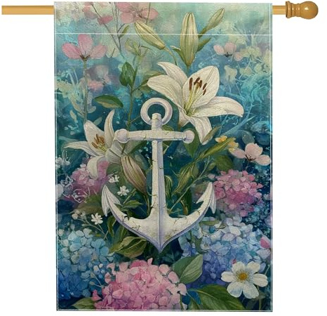 Drapeau floral nautique de jardin, ancre de lys bleu, bannière de décoration extérieure, drapeau double face en toile de jute pour l'été, la plage, la fête, la pelouse, la décoration de la pelouse