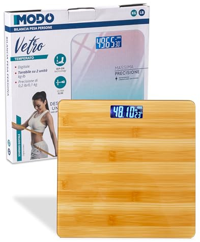 IPEA Bilancia Pesa Persone Digitale Ultra Sottile color Legno - Tecnologia STEP ON - Massima Precisione Peso - Design Elegante in Vetro Temperato - Display Misurazione precisa 0,1 KG - Max 180Kg