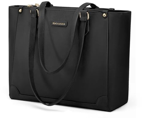 RAINSMORE Handbag for Women Laptop Bag 14 Inch Ladies Large Tote Bag with Zipper Pocket Waterproof PU Leather for Office Business Shopping Travel Black