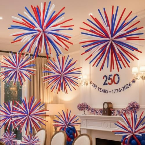 Arrowbash 255 Pcs 4th of July Firework 250 Anniversary Patriotic Decoration 51 Inch Red White Blue Long Latex Balloon Patriotic Party Decor 1776-2026 Commemorative Independence Memorial Day Supply