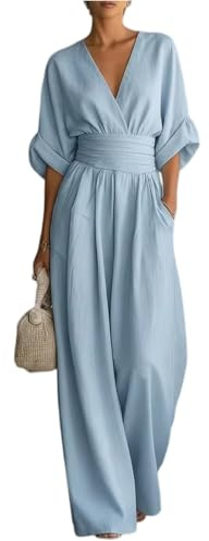 Generisch Jumpsuit för dam, sommar, elegant, med ärmar, overall, festlig, bröllpsgäst, byxdress, lång, taillierad, vid ben, jumpsuits, V-ringning, affärssparkdräkt, affärslekdräkt, Himmelsblå, M