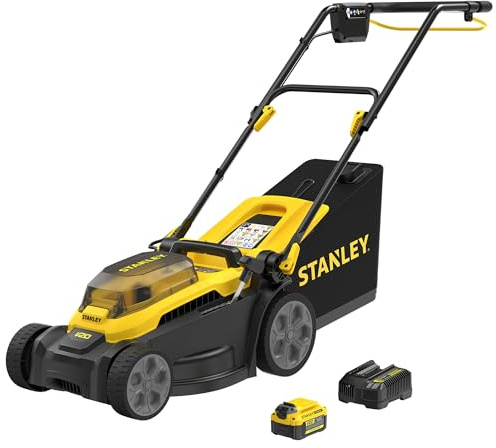 Stanley V20 Tondeuse à Gazon sans Fil brushless 34 cm, 18V SCMWP3401M1-QW | Batterie Li-Ion 4Ah, Chargeur 2A