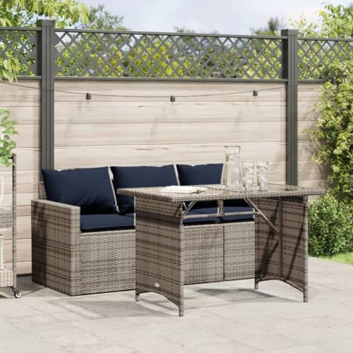 sephironlbb Set da pranzo da giardino in polyrattan con cuscino grigio, composto da divano a 3 posti e tavolo con piano in vetro, set di mobili da giardino resistenti alle intemperie, per balcone