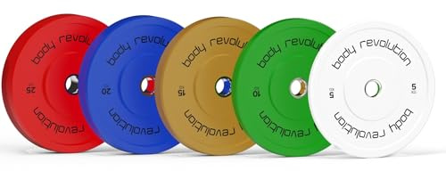 Body Revolution Hantelscheiben mit Gummibeschichtung, Olympiascheiben, bunt, 5,1 cm im Durchmesser, für Hanteln & Crossfit (1,25 kg – 25 kg).
