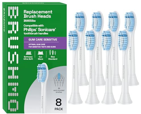 Brushmo Gum Care Sensitive Replacement Toothbrush Heads, Compatible with Philips Sonicare Click-on Toothbrush Handles, 8 Standard Heads, Extra Soft Dupont Bristles for Sensitive Teeth, BM658, White