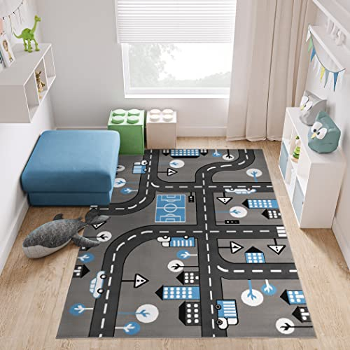 TAPISO Pinky Teppich Kurzflor Kinderteppich Kinderzimmer Grau Blau Schwarz Weiß Pastellfarben Modern Straße Spielteppich ÖKOTEX 80 x 150 cm