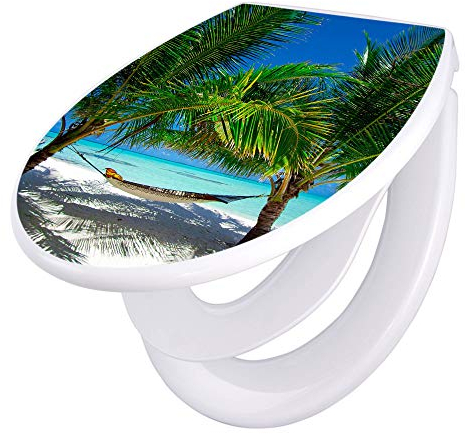 banjado Familien WC Sitz mit Absenkautomatik 44,5x37cm / Klodeckel/Klobrille mit Kindersitz aus hochwertigem Polypropylen/Toilettensitz Kindersitz integriert Motiv Strand