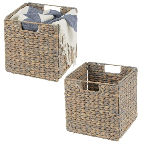 mDesign Lot de 2 paniers de rangement - Boîte de rangement pliable en jacinthe d'eau - Panier de rangement idéal pour ranger vêtements, jouets ou magazines - avec motif en osier - Naturel/marron clair