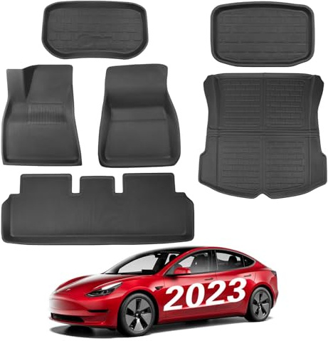 BASENOR 6-delad Fußmatta Set för Tesla Model 3 2021-2023, Allväders 3D Matta Anti-Slip Vattentät Frunk & Kofferraum Matta, Bilinredning Tillbehör