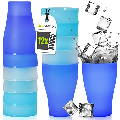 NEO Plastikbecher ice-edition - 12 Stück - 450 ml - Trinkbecher | BPA-frei + Mehrweg + Bruchfest - Becher aus robustem Kunststoff - blaue Kunststoffbecher aus Plastik für Cocktails und Kinder