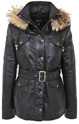 A1 FASHION GOODS Ladies Black Leather Duffle Coat Belted Hip Length Removable Hood Parka Jacket - Sarah (12)
