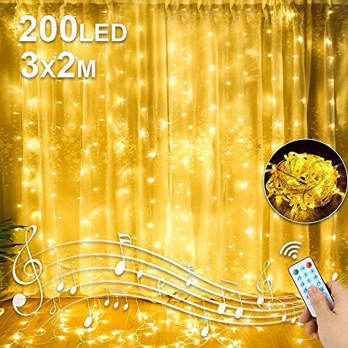 Tenda Luminosa Esterno USB 3x2m 200 LED Luci per Tende a LED Con Telecomando Timer Luci Natale Tendina 8 Modalità di Illuminazione,4 modalità di controllo musicale Impermeabile IP44 Bianco Caldo