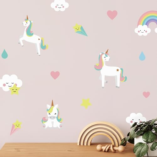 Klebekerlchen® | Wandtattoo Kinderzimmer Mädchen & Junge, Wandsticker selbstklebend, wiederverwendbare Kinderzimmer Deko, Wandtattoo Pferde - Einhorn Sticker (Set mit 20 Motiven)