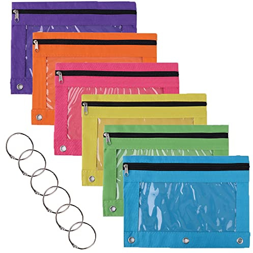 TopTie 6 Stück 3 Ringe Binder Pouch, Ringbuch Federmäppchen mit transparentem Fenster Binder Dokumententasche mit Reißverschluss