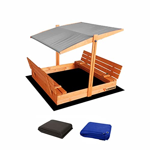 Ladanas® Sandkasten aus Holz mit Dach GRIS & wetterfester Tarpaulin Abdeckung - Sandkiste 140 x 140 cm. mit UV 50 Sonnenschutz & Faltbare Bank - Sandkästen rechteckig überdacht für Kinder