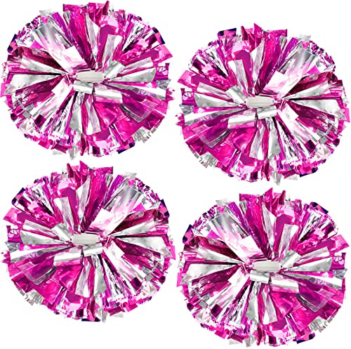 4Pcs Upgraded 12inch Metallic Cheerleading Pom Poms, HOLENGS Cheerleader Pompoms Cheer Poms for Kids Adults, Cheering Squad Pompoms for School Sports Games Dance Party (Rose and Silver)