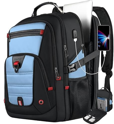 Z-MGKISS 17.3 Inch Large Travel Backpack, 52L Anti-Theft Computer Rucksack for Women & Men, Heavy Duty Laptop Backpack with USB Port, College Business Work Daypack, Lake Blue