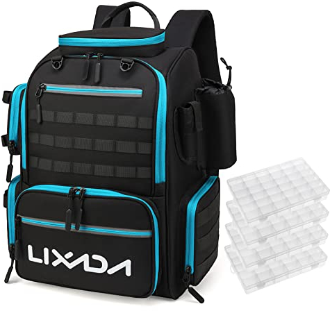 Lixada Angeltasche, Angelrucksack, Große Angeltasche Angelrucksack zur Aufbewahrung und Organisation Angelzubehör und Angelausrüstung für Campen Wandern Reisen, mit Köderboxen und 1 Regenschutz