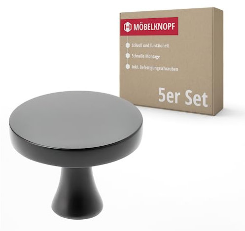 Gedotec Möbelknöpfe | Metall D: 33,5 mm I 5 Stück | Türknopf für Schränke - Schwarz matt inkl. Befestigungsmaterial I ELLIE I Knöpfe für Küchenschränke - moderner Stil - Möbelgriffe Vintage