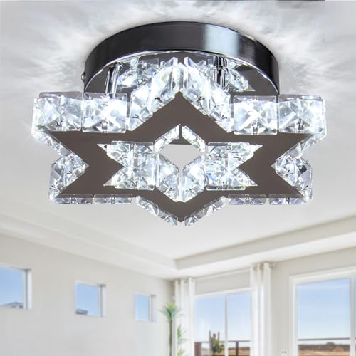 Cainjiazh Moderne LED Kristall Kronleuchter Edelstahl Mini Deckenleuchte Stern Flush Mount Deckenleuchte für Schlafzimmer Esszimmer Flur Insel (kühles Weiß)