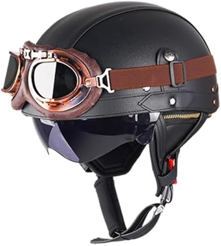 CHAO YANG Casque de moto rétro en cuir - Casque jet - Casque jet vintage avec lunettes - Certifié ECE - Casque de motocross de style allemand (ferreux, taille XL 61-62 cm)