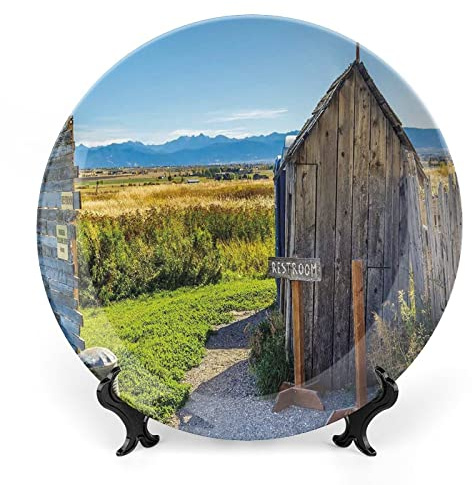 XISUNYA 6 Inch Decorative Plate, Outhouse Ceramic Plate, Old Rustic Wooden Cottage Barn Shed in Farm Village Print Ornament Display Plate Handmade Plate Wedding Gifts, Dark Grey Green and Sky Blue