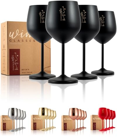 Gusto Nostro Weingläser mit Stiel aus Edelstahl - Unzerbrechliche Kelche mit 540 ml - Elegantes Trinkgeschirr in Schwarz für Champagner und Cocktails (4er Pack)