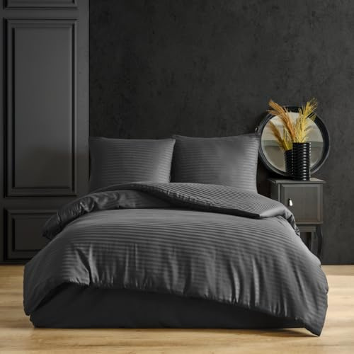 nordqueen Satin gestreift Bettwäsche, 200x200 cm 100% Baumwolle Bettbezug aus Atmungsaktive Winter Bettwäsche Set (geräuchert, 200X200 cm)