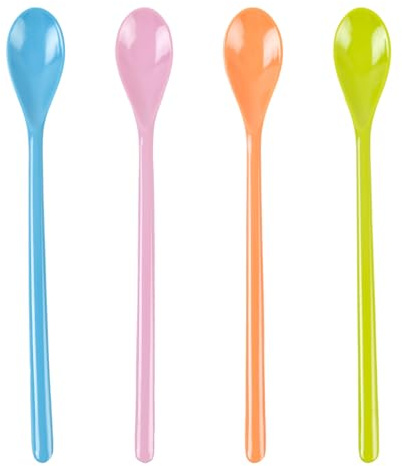 ASUNFO 4 Pcs Long Spoons Mixing Spoon Coffee Tea Ice Cream Sundae Cocktail Spoons Plastic Long Handle Stirring Teaspoons 4 Colors