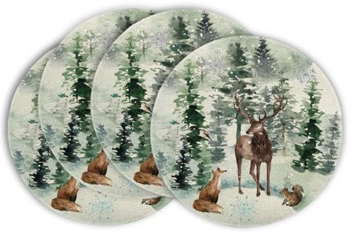 Artoid Mode Bäume Schneeflocken Fuchs Rentier Weihnachten Runde Platzsets 4er Set, 37cm Winter Xmas Tischset Platzdeckchen Küche Party Deko