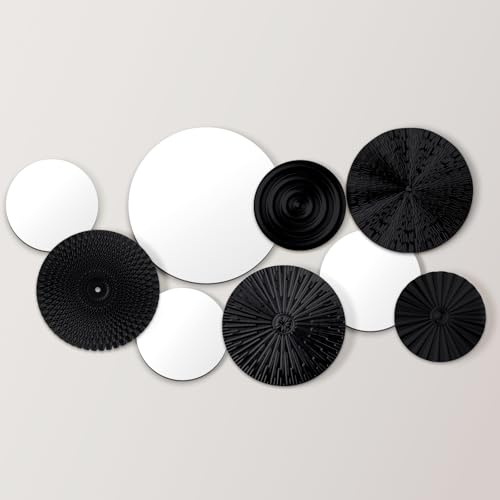 Blulu 9 Stück Spiegel Wanddekor Multi Metall Home Decor Dekorative Kreisplatten Spiegel Modern Runde Große Wandkunst Skulptur Dekor für Wohnzimmer, Büro, Schlafzimmer, Küche, Flur (Schwarz)