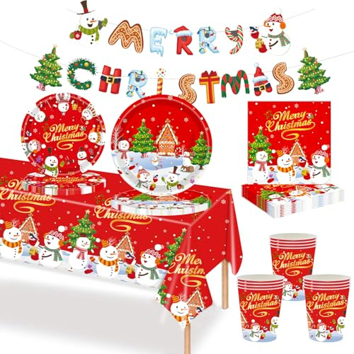 MORAINJAY 70Pcs Christmas Paper Party Tableware Set,Xmas Santa Snowman Print Table Decoration with Paper Cups,Banner,Tablecloth,Paper Plates and Napkins for Christmas Eve Home Party Favors Supplies