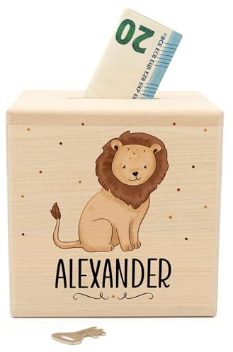 Muckelmeister Spardose Kinder Personalisiert mit Namen aus Holz - Löwe | 10x10x10cm, Spardose mit Schloss und Schlüssel, Geschenk Mädchen und Jungen Weihnachten, originelle Geschenke zur Geburt