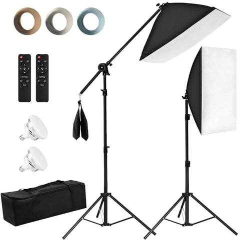 Niceveedi 50 * 70CM Photography Light Kit, 2-Pack 2700K-6500K Softbox with 85W Bulbs & 150CM Boom Arm, Video Light with 2 * 203CM Tripod, for Video Recording/Live Streaming/Portrait