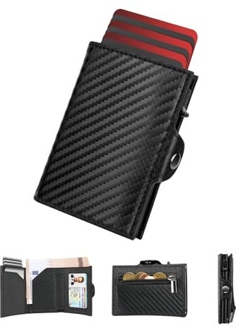dwnkove Kartenetui Herren, Slim Wallet Geldbeutel mit Münzfach & RFID Schutz, Pop-Up Smart Wallet aus Kohlefaser, Kreditkartenetui für 8 bis 12 Karten, Wallets for Men, ID-Fenster, Fach für Bargeld