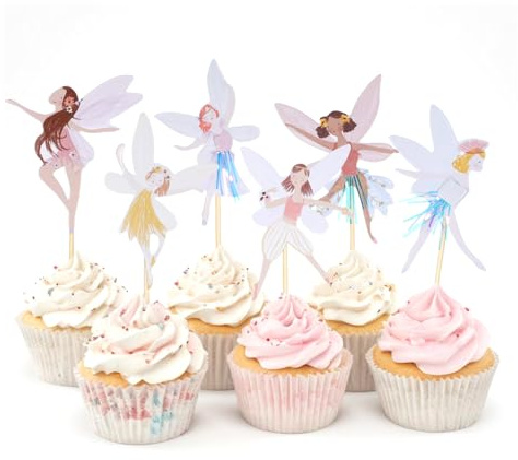 LIQWEI 24 adornos para cupcakes de hadas, decoración de fiesta de hadas de feliz cumpleaños, alas de ángel, flores, decoración de pastel de hadas para bailarina de ballet, decoración de pastel para