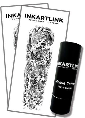 INKARTLINK Semi Permanent Tattoo, 2 Pieces Full Arm Large Size Art Party Tattoos, Comes with a Pair of Anti-Transfer Sleeves, Lasts 7-15 Days, Waterproof and Anti-Reflective (Koi, Lotus)