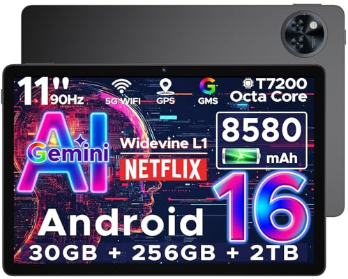 DOOGEE U11 Pro Android 16 Tablet 11 Zoll Gemini AI, 30GB RAM+256GB ROM (2TB TF) 8580mAh, 90Hz Display, Unisoc T7200 Octa Core Tablet PC, 13MP+5MP, WiFi 5/Widevine L1/ GPS/Face ID/OTG [2025]
