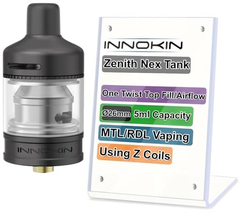 For Zenith Nex Tank Atomizador 5 ML φ26 mm In-nokin (Negro) Tanque Equipado con Resistencia Z-Coil de 0,3Ω/0,8 Ω MTL/RDL Top Fill/Top Airflow para el Vaporizador CoolFire Z80 EZ Tube original