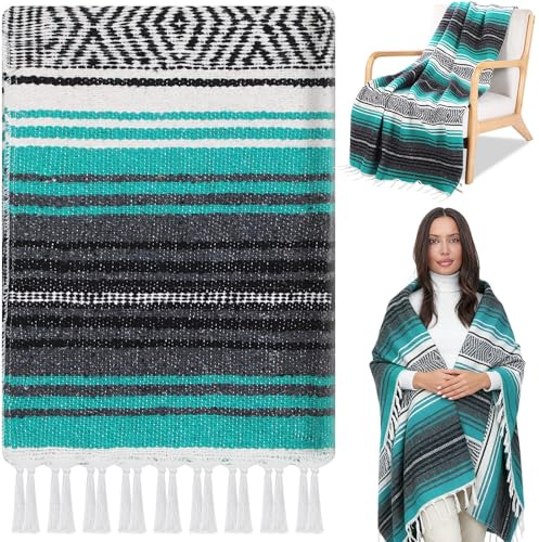 Oudain Mexican Blanket Woven Authentic Cotton Falsa Throw 45 x 70 Inch – Authentic Baja Serape Saddle Blanket Outdoor for Restorative Yoga, Beach, Picnic, Couch, Car Travel(Turquoise)
