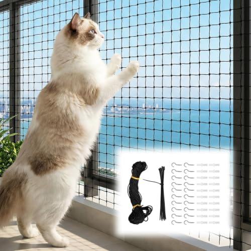 OJTOJT Katzennetz für Balkon 3x6M/3x8M Drahtverstärkt, Reißfestes Balkonnetz für Katzen Ohne Bohren, UV-Beständiges Wetterfestes Katzennetz, 3x3cm Sicherheitsnetz Für Fenster, Balkon & Hochhaus Schutz