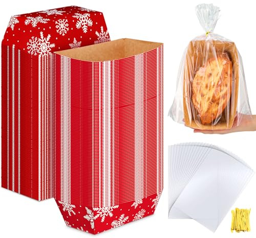 Vesici 100 Sets Large Snowflake Bread Pans 8.6x4.5x2.5 Inch with Bags Ties | Disposable Paper Loaf Molds, Winter Holiday Baking and Gifting, Includes Clear Gift Bags and Ties for Easy Packaging
