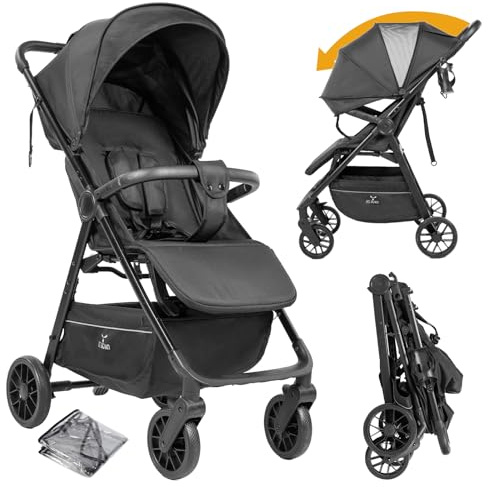 Reenborn Ultraleichter Kinderwagen mit nur 4,6 kg mit Verstellbarer Liegeposition, Buggy Reisebuggy für Babys bis 15 kg, Kompakter, Tragbarer, Zusammenklappbarer Kinderbuggy mit Zubehör (A8 Black)