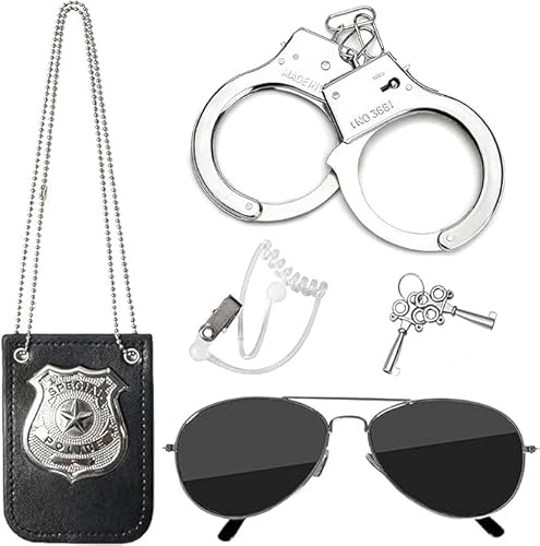 5 Piezas de Policía Accesorios de Disfraces, Disfraz de Policía de Niños, Placa de policía y esposas de juguete Gafas de Sol policía Juguete Kit para Niños Halloween Fiesta Carnaval