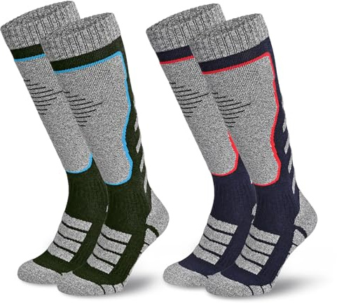 SGQTZDZQ 2 Pairs Mens Ski Socks, Winter Thick Thermal Knee-High Ski Socks Mens 6-11, Long Welly Sock for Skiing Hiking Fishing Walking Cycling (Rainbow Blue+Green)