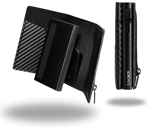 SLIMJACK 2-in-1 Wallet mit Münzfach - Magnetisches RFID Kartenetui & Geldbörse - Abnehmbares Slim-Wallet aus Aluminium - RFID-Schutz Portmonee - Smart Wallet für Karten & Münzen (Carbon)