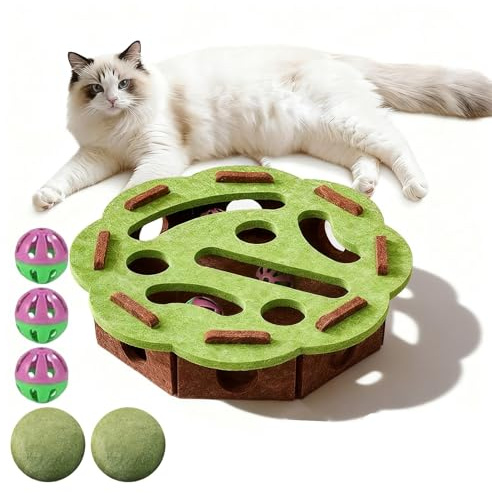 Interaktives Katzen Intelligenzspielzeug – Katzenkratzbox mit Labyrinth und Klingelbällen, Stressfreie Alternative Krallenpflege, Filz Fummelbrett Katze, Indoor Katzenspielzeug zur geistigen Förderung